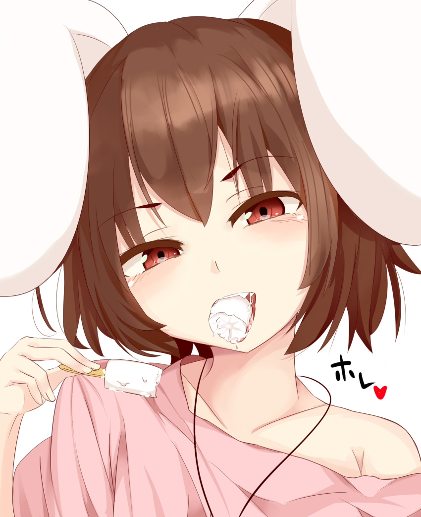 1girl animal_ears bare_shoulders blush brown_hair collarbone eating eyebrows eyebrows_visible_through_hair food hand_up head_tilt heart highres holding holding_food inaba_tewi jewelry karatakewari looking_at_viewer mouth_hold necklace off_shoulder open_mouth popsicle rabbit_ears red_eyes saliva short_hair simple_background solo sweater teeth touhou white_background