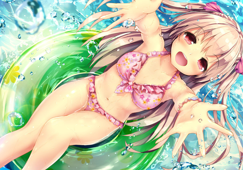 1girl afloat bikini blonde_hair highres innertube long_hair missile228 ocean open_mouth original outstretched_arms red_eyes solo swimsuit two_side_up