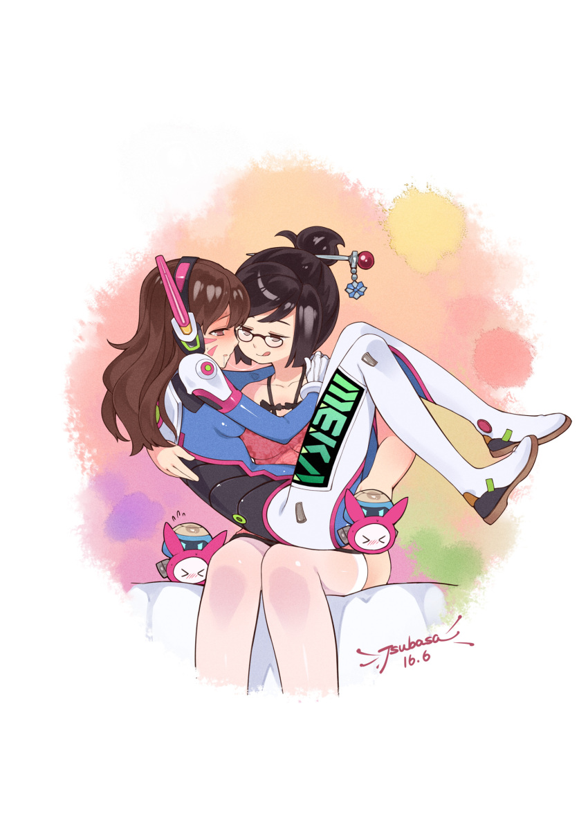 2girls after_kiss armor bangs blue_sky bodysuit boots breasts brown_eyes brown_hair d.va_(overwatch) emblem facial_mark from_below gloves hand_between_legs hand_on_own_face hand_to_own_mouth headphones heart highres light_smile logo long_hair looking_at_viewer mecha mei_(overwatch) multiple_girls overwatch pilot_suit saliva saliva_trail sitting skin_tight sky solo swept_bangs thigh-highs thigh_boots thighs tsubasa_tsubasa whisker_markings white_boots white_gloves yuri