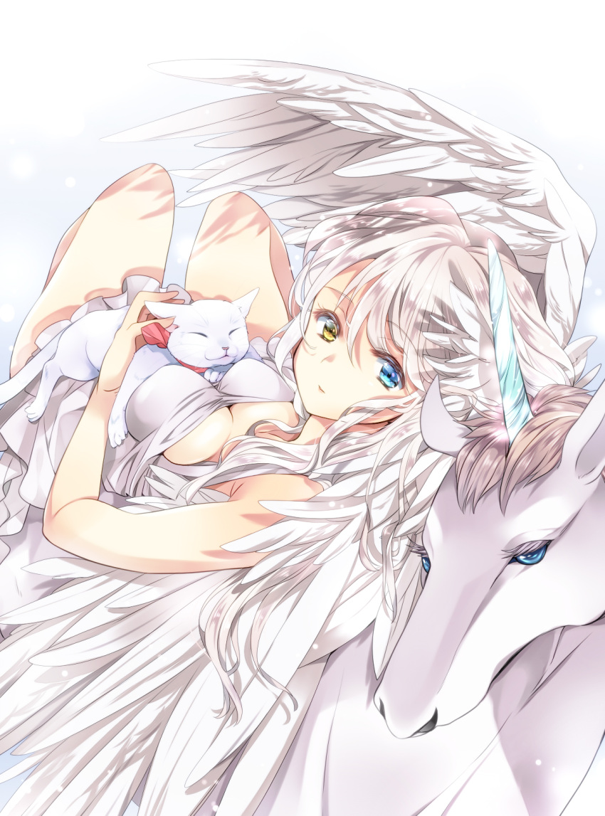 1girl blue_eyes breasts cat closed_eyes dress feathered_wings heterochromia highres horn large_breasts long_hair looking_at_viewer lying mihara_youzora on_back original silver_hair unicorn white_cat white_dress wings yellow_eyes