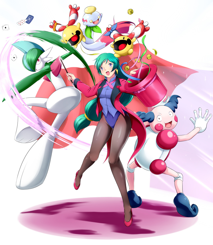1girl absurdres black_legwear breasts brooch chimecho chingling earrings formal gallade green_hair hat hat_removed headwear_removed highres jacket jewelry leotard long_hair magician mr._mime open_mouth pantyhose pokemon pokemon_(anime) pokemon_(creature) ribbon shizue_(pokemon) smile suit top_hat violet_eyes wand yomitrooper
