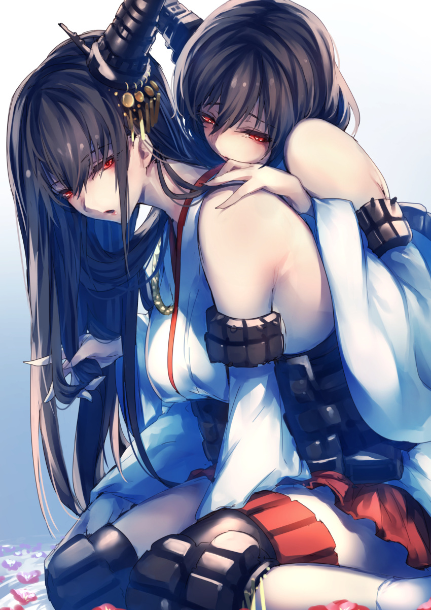 2girls bangs between_legs black_hair detached_sleeves eyebrows eyebrows_visible_through_hair eyelashes fringe fusou_(kantai_collection) hair_between_eyes hair_ornament half-closed_eyes hand_between_legs hand_in_hair hands_on_another's_shoulders headband headgear heart heart-shaped_pupils highres holding holding_hair japanese_clothes kantai_collection knee_pads kyouya_(mukuro238) leaning_on_person long_hair looking_at_viewer miniskirt multiple_girls nontraditional_miko pantyhose parted_lips pleated_skirt red_eyes red_lips red_skirt sitting skirt symbol-shaped_pupils white_legwear yamashiro_(kantai_collection)