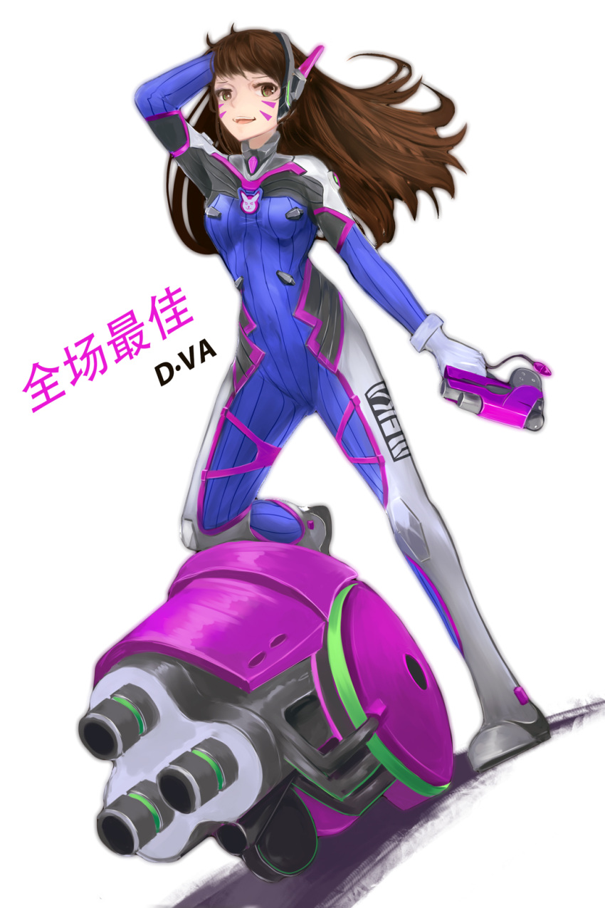 1girl arm_up armor bangs bodysuit boots breasts brown_eyes brown_hair bunny_print canon character_name clothes_writing d.va_(overwatch) facepaint facial_mark full_body gloves hand_on_head headphones highres long_hair looking_at_viewer overwatch pilot_suit rabbit skin_tight smile solo swept_bangs thigh-highs thigh_boots whisker_markings white_boots white_gloves