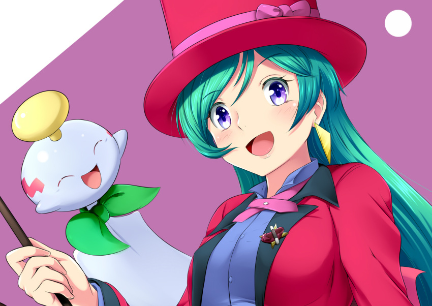 1girl breasts brooch chimecho earrings formal green_hair hat highres jacket jewelry long_hair magician open_mouth pantyhose pokemon pokemon_(anime) pokemon_(creature) ribbon shizue_(pokemon) smile suit top_hat violet_eyes wand yomitrooper