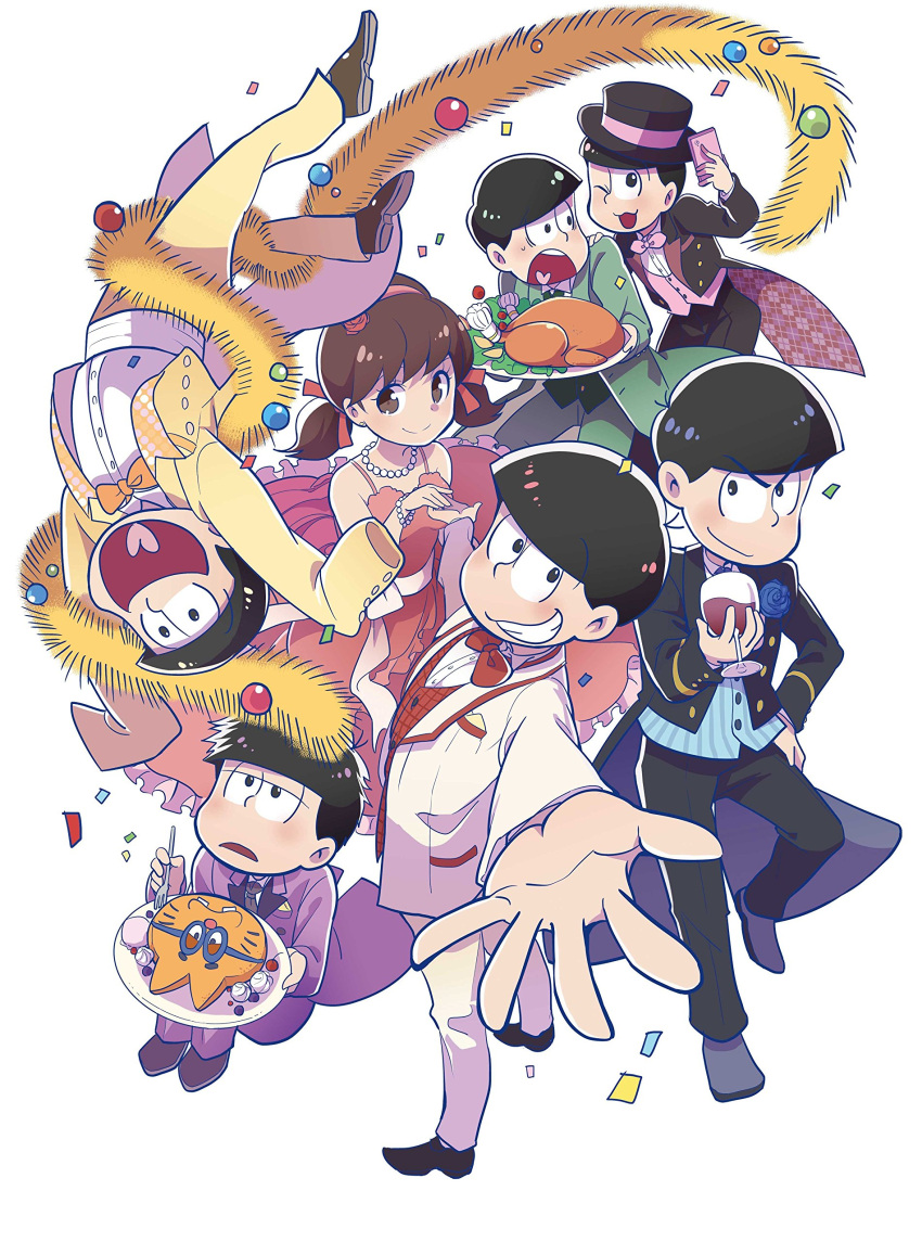 1girl 6+boys ;3 absurdres black_hair bow bowl_cut bowtie brothers brown_eyes brown_hair cake coattails confetti cup dress drinking_glass esper_nyanko food formal hairband heart heart_in_mouth highres jewelry jitome looking_at_viewer matsuno_choromatsu matsuno_ichimatsu matsuno_juushimatsu matsuno_karamatsu matsuno_osomatsu matsuno_todomatsu messy_hair multiple_boys necklace nozomi_uni osomatsu-kun osomatsu-san outstretched_arm pearl_necklace sextuplets short_twintails siblings simple_background sitting smile suit tinsel turkey_(food) tuxedo twintails white_background wine_glass yowai_totoko