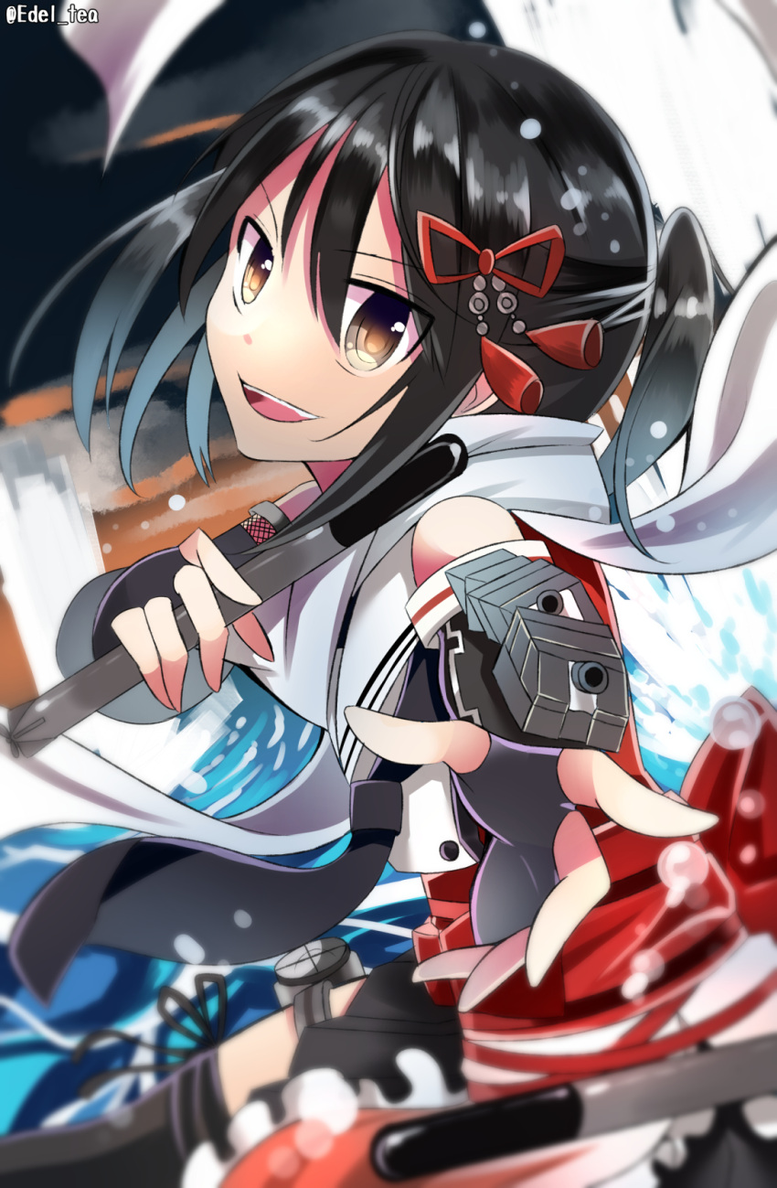 1girl alternate_hair_color black_hair black_skirt brown_eyes edel_(edelcat) elbow_gloves fingerless_gloves gloves hair_ornament highres kantai_collection looking_at_viewer machinery neckerchief open_mouth remodel_(kantai_collection) scarf school_uniform searchlight sendai_(kantai_collection) serafuku skirt solo teeth torpedo turret twitter_username two_side_up water white_scarf