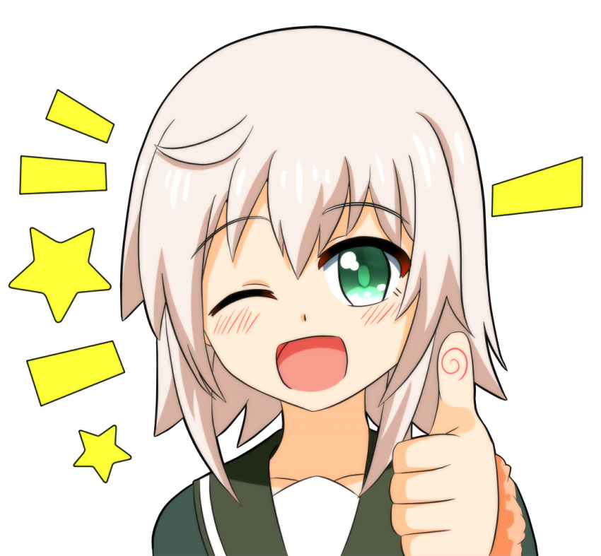 artist_request blush green_eyes kantai_collection looking_at_viewer one_eye_closed open_mouth school_uniform shimushu_(kantai_collection) short_hair solo thumbs_up white_hair