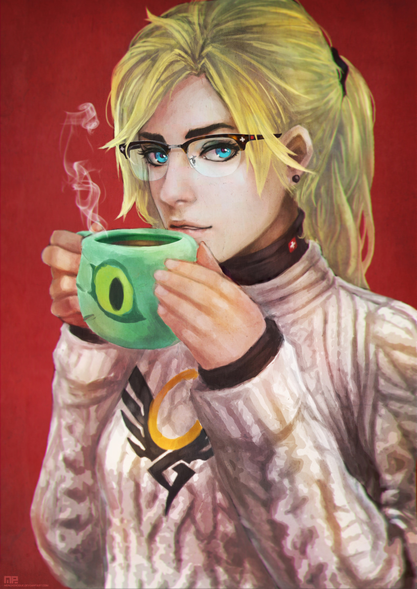 1girl absurdres aran_sweater bespectacled black-framed_glasses blonde_hair blue_eyes casual coffee coffee_cup coffee_mug cup glasses highres long_hair long_sleeves looking_at_viewer mercy_(overwatch) monori_rogue overwatch ponytail ribbed_sweater scrunchie semi-rimless_glasses signature solo steam sweater swiss_flag upper_body watermark web_address