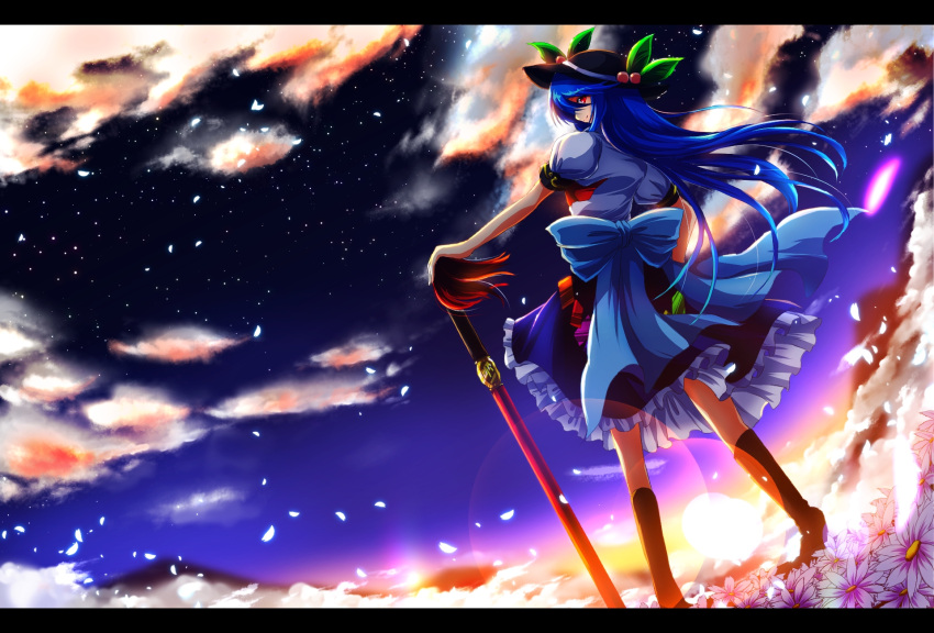1girl blue_hair blue_skirt boots brown_boots clouds flower food frilled_skirt frills from_behind from_below fruit hat highres hinanawi_tenshi knee_boots lens_flare letterboxed long_hair mountain nekominase peach perspective petals pose rainbow_order red_eyes shirt short_sleeves silhouette skirt sky smile solo star_(sky) starry_sky sunset sword_of_hisou touhou twilight very_long_hair white_shirt wind