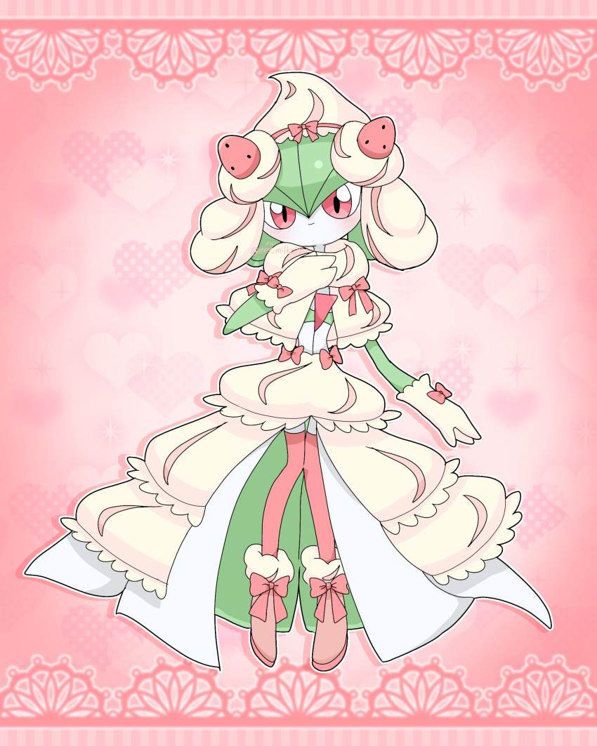 1girl absurdres alcremie alcremie_(cosplay) alcremie_(strawberry_sweet) alcremie_(vanilla_cream) artist_name blush bob_cut boots bow capelet closed_mouth clothed_pokemon commentary_request cosplay footwear_bow frilled_capelet frilled_skirt frills full_body gardevoir gloves green_hair hair_between_eyes hand_on_own_chest hand_up hat heart heart_background highres knees_together_feet_apart looking_at_viewer meru_(mer_milky77) outline partial_commentary pink_background pink_bow pink_footwear pink_thighhighs pokemon pokemon_(creature) red_eyes short_hair showgirl_skirt signature skirt solo standing thigh-highs twitter_username white_outline yellow_capelet yellow_gloves yellow_headwear yellow_skirt