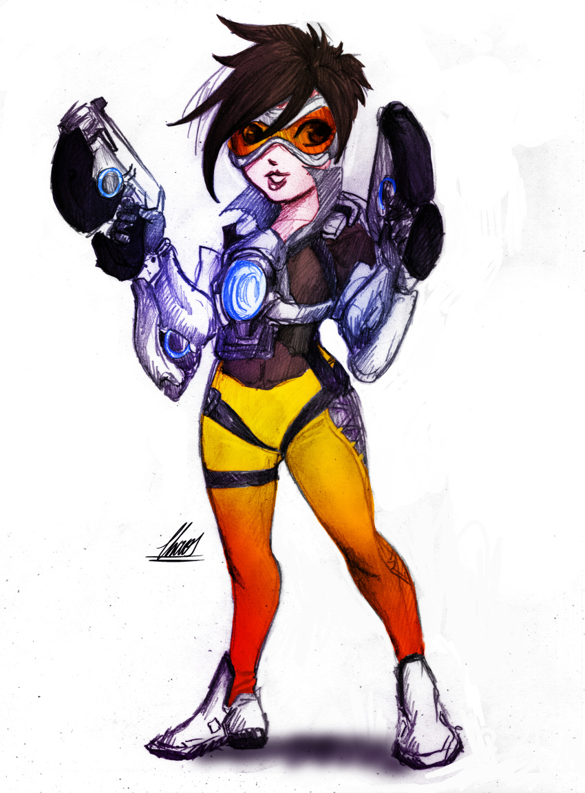 1girl absurdres armor blizzard_(company) body bodysuit cyberpunk formal girl gun highres huge_filesize legs open_clothes over overwatch scan solo suit technology tracer_(overwatch) weapon