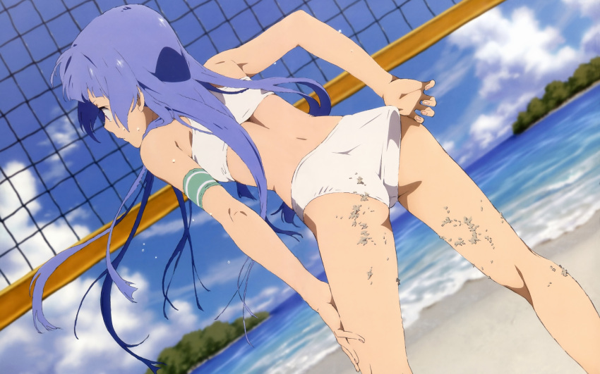 1girl beach blue_hair clouds highres kannagi long_hair nagi official_art sand sky solo swimsuit wallpaper