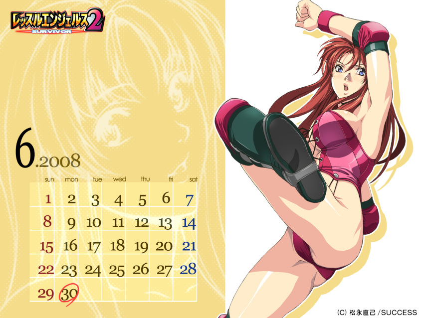 blue_eyes boots breasts brown_hair calendar corey_sniper corset elbow_pads highres homare_(fool's_art) homare_dou kicking large_breasts long_hair open_mouth sideboob wallpaper wrestle_angels wrestle_angels_survivor_2 wristband
