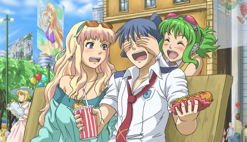 bench blonde_hair blue_eyes blue_hair bouquet building closed_eyes covering_eyes crossover drink earrings flower flower_girl_(macross_7) food goggles green_hair gumi hat heart hirasawa_meio jewelry kizaki_gamlin macross macross_7 macross_frontier mylene_jenius nakajima_megumi necklace necktie nekki_basara outdoors park park_bench picture ranka_lee saotome_alto seiyuu_connection sheryl_nome sun_hat sunglasses vocaloid