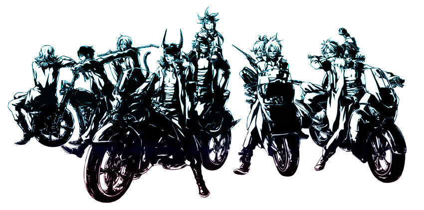 annotated aqua bandages bartz_klauser baseball_bat boots bousouzoku butz_klauser casual cecil_harvey cloud_strife contemporary delinquent dissidia_final_fantasy epic everyone final_fantasy final_fantasy_i final_fantasy_ii final_fantasy_iii final_fantasy_iv final_fantasy_ix final_fantasy_v final_fantasy_vi final_fantasy_vii final_fantasy_viii final_fantasy_x firion frioniel gloves helmet highres jacket kichi lead_pipe long_hair mask monochrome motor_vehicle motorcycle nail_bat onion_knight ponytail shirtless short_hair sitting spiked_hair squall_leonhart sunglasses tail terra_branford tidus tina_branford vehicle warrior_of_light zidane_tribal