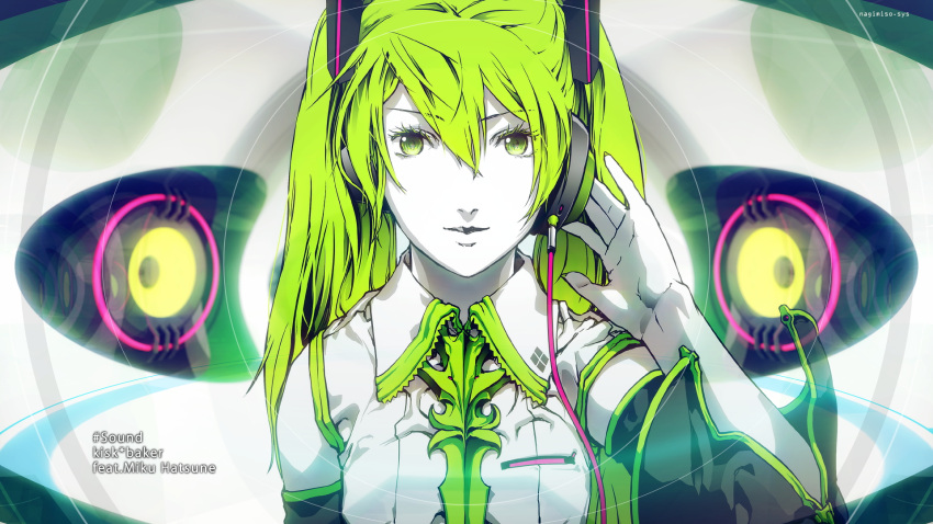 green_eyes green_hair hatsune_miku headphones highres long_hair nagimiso roshin_yuukai_(vocaloid) twintails vocaloid