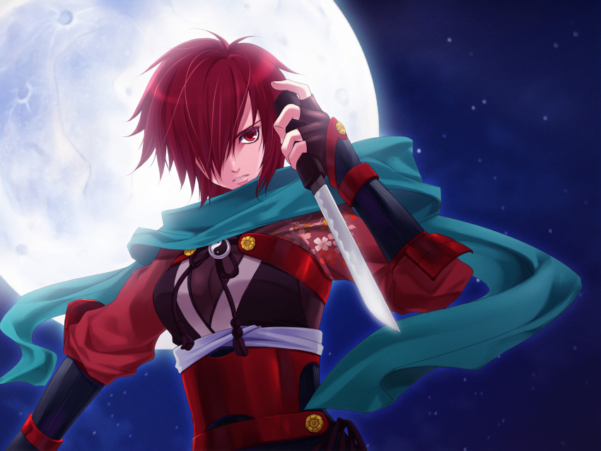 armor full_moon hair_over_one_eye highres knife meiko moon natsu_(pixiv312174) ninja red_eyes red_hair redhead scarf solo vocaloid