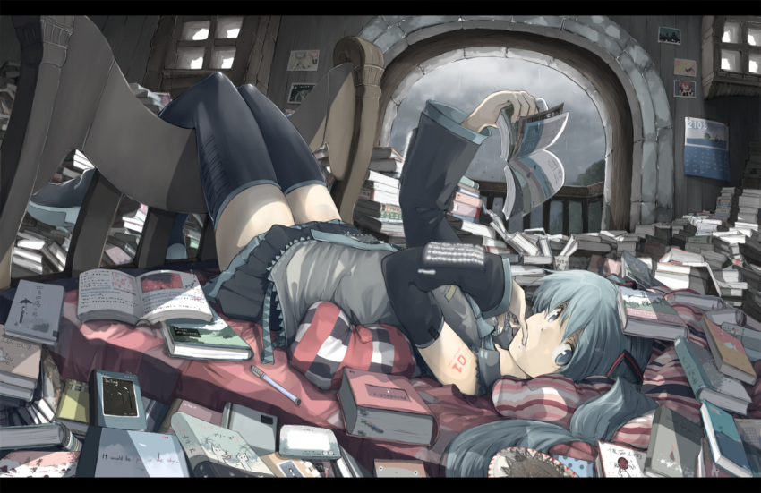 aqua_eyes aqua_hair bad_id blue_eyes blue_hair book book_focus calendar_(object) detached_sleeves finger_in_mouth hatsune_miku letterboxed long_hair looking_at_viewer lying necktie on_back pen rain skirt thighhighs too_many_books twintails vocaloid yukiri zettai_ryouiki