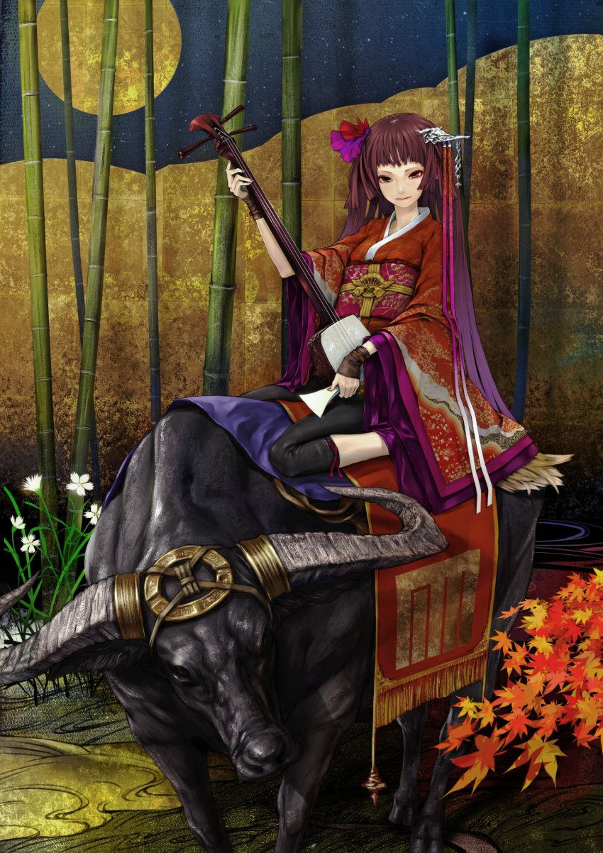 bachi bamboo bamboo_forest bamoo_forest brown_hair forest highres horns instrument japanese_clothes kimono leaf maple_leaf nature original plectrum redjuice shamisen solo water_buffalo yukata