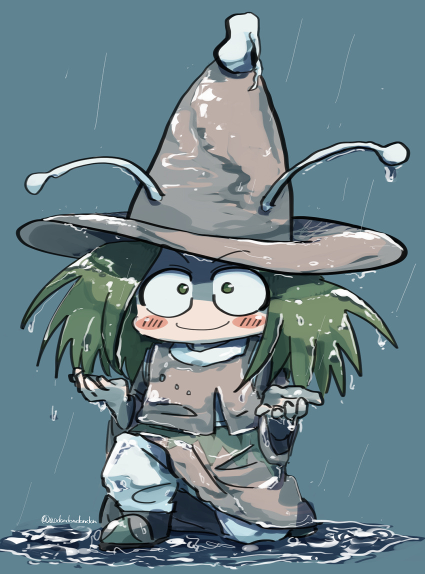 1other amanomori_shou androgynous antennae aodo_mikan blue_background blush_stickers brown_hat brown_shoes brown_skirt brown_sleeves brown_vest closed_mouth commentary_request detached_sleeves full_body green_eyes green_hair happy hat highres japanese_clothes len'en long_hair long_sleeves looking_at_viewer medium_skirt messy_hair on_one_knee other_focus pants pants_under_skirt pointy_shoes puddle rain shaded_face shirt shoes simple_background skirt smile solo turtleneck turtleneck_shirt twitter_username vest wet white_pants white_shirt wide-eyed wide_sleeves