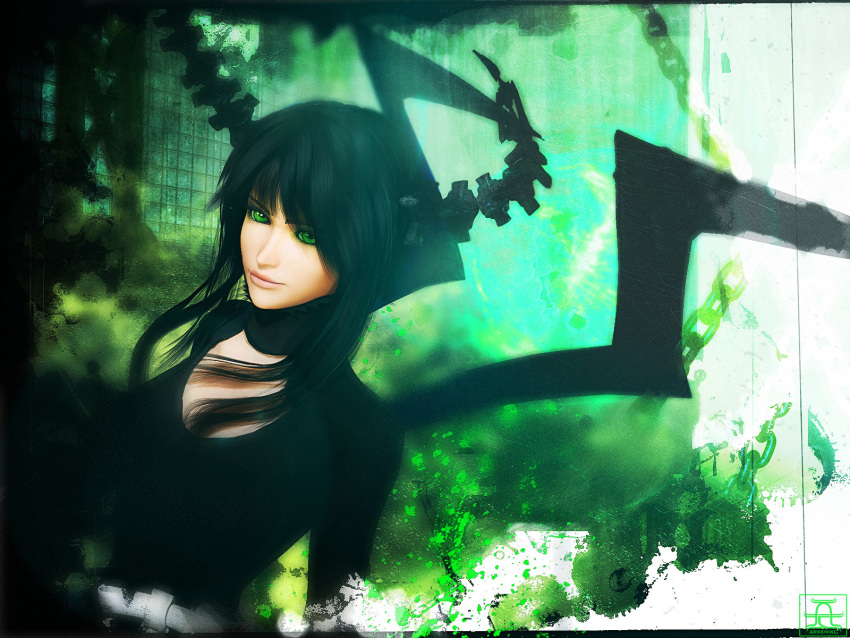 3d arsenixc bad_id black_hair black_rock_shooter choker dead_master green_eyes highres horns realistic wings