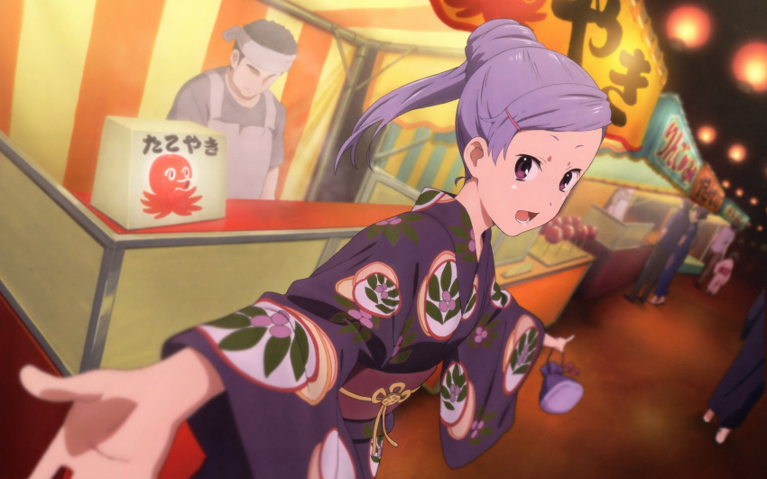 1girl :d blue_hair blunt_bangs highres japanese_clothes kannagi looking_at_viewer nagi official_art open_mouth outstretched_arms purple_eyes purse scan smile wallpaper yukata