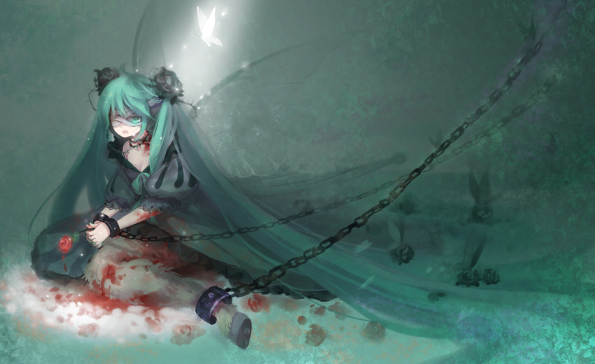 aqua_eyes aqua_hair bandage_over_one_eye bandages blood butterfly butterfly_wings chain chains choker dark_woods_circus_(vocaloid) dress flower fusion goat gothic hair_flower hatsune_miku kurai_mori_no_circus_(vocaloid) long_hair nail_polish painterly rose satyr shell_(pixiv) sitting twintails very_long_hair vocaloid wings