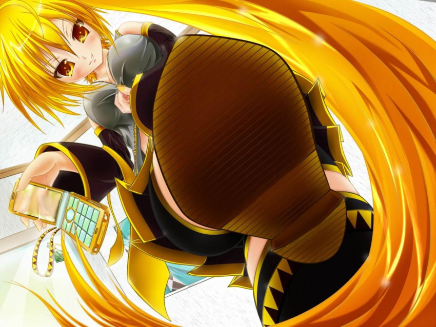 bike_shorts blonde_hair boots cellphone detached_sleeves dutch_angle feet long_hair nironiro phone ponytail pov solo thighhighs very_long_hair vocaloid yellow_eyes