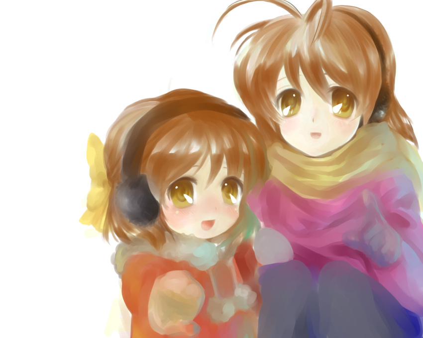 antenna_hair brown_eyes brown_hair clannad earmuffs furukawa_nagisa okazaki_ushio scarf short_hair winter_clothes yanyo