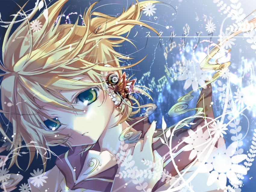 blonde_hair butterfly hekicha kagamine_len musical_note solo vocaloid