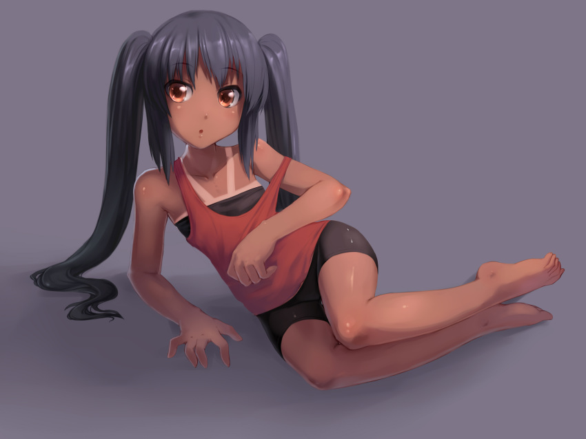 :o absurdres babycat bad_id bare_shoulders barefoot bike_shorts black_hair brown_eyes feet highres k-on! latex long_hair lying nakano_azusa on_side shorts simple_background solo tan tank_top tanline twintails