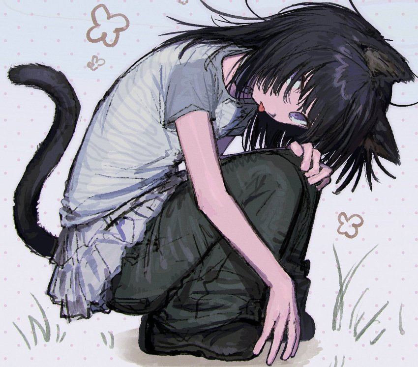 1girl animal_ears black_hair black_pants black_shoes cat_ears cat_girl cat_tail film_grain full_body grey_shirt highres layered_skirt long_hair original pants pants_under_skirt pleated_skirt polka_dot polka_dot_background raglan_sleeves shirt shoes short_sleeves skirt solo squatting striped_clothes striped_shirt tail tokiwa_(rqawxl) tongue tongue_out violet_eyes white_shirt white_skirt