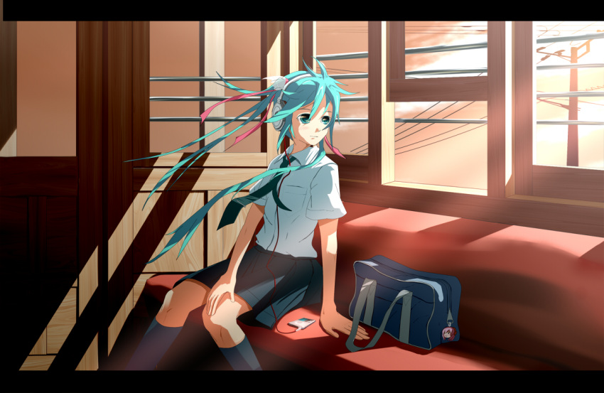 aqua_eyes aqua_hair bad_id eto hair_ribbon hatsune_miku headphones necktie ribbon school_uniform skirt twintails vocaloid wind