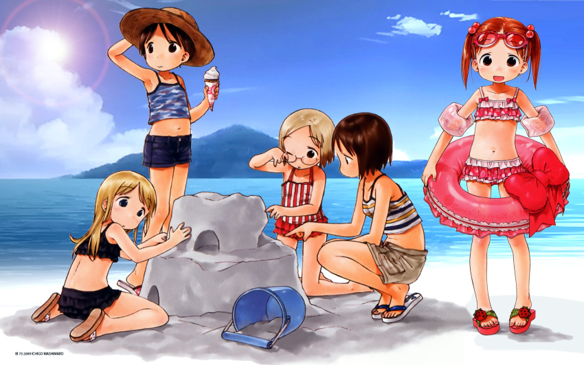 5girls ana_coppola beach bikini child frilled_bikini ichigo_mashimaro itou_chika itou_nobue matsuoka_miu navel sakuragi_matsuri sandcastle summer