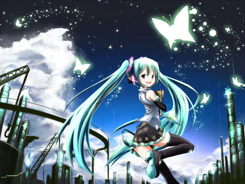 aqua_eyes aqua_hair bad_id book cityscape detached_sleeves hatsune_miku headphones headset highres hokuchin long_hair looking_back necktie skirt sky smile thighhighs twintails vocaloid zettai_ryouiki