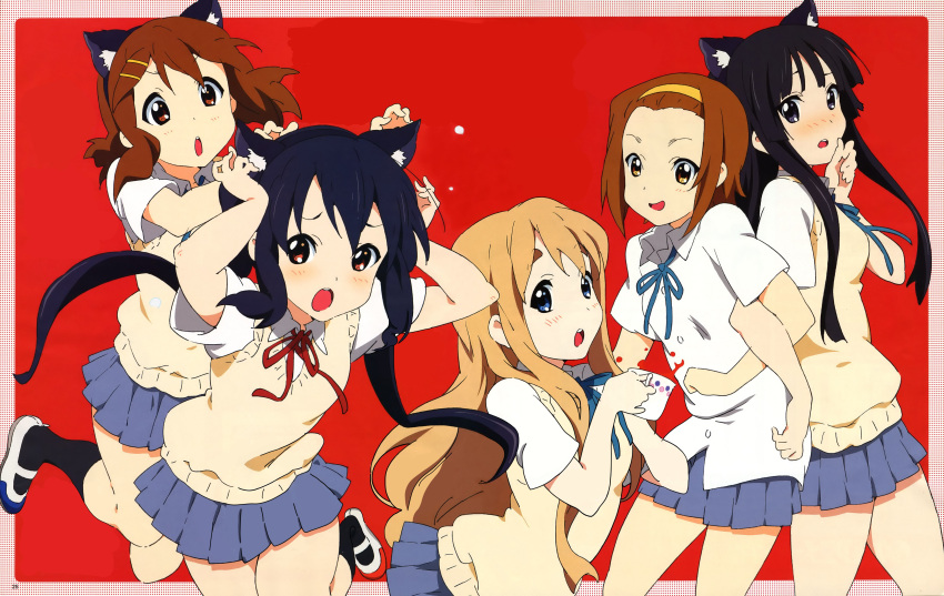 absurdres akiyama_mio animal_ears bangs black_eyes black_hair blonde_hair blue_eyes blunt_bangs blush brown_eyes brown_hair cat_ears catgirl cup detexted eyebrows hair_ornament hairband hairclip highres hime_cut hirasawa_yui k-on! kotobuki_tsumugi long_hair multiple_girls nakano_azusa official_art open_mouth scan school_uniform seifuku short_hair skirt tainaka_ritsu teacup twintails urata_yoshinori