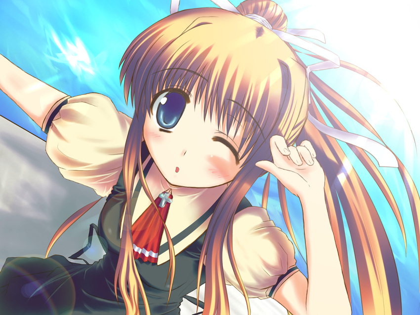 1girl :o air bad_id blonde_hair blue_eyes blush eyebrows_visible_through_hair hair_ribbon kaisou kamio_misuzu long_hair looking_at_viewer one_eye_closed ponytail ribbon school_uniform solo wallpaper wink