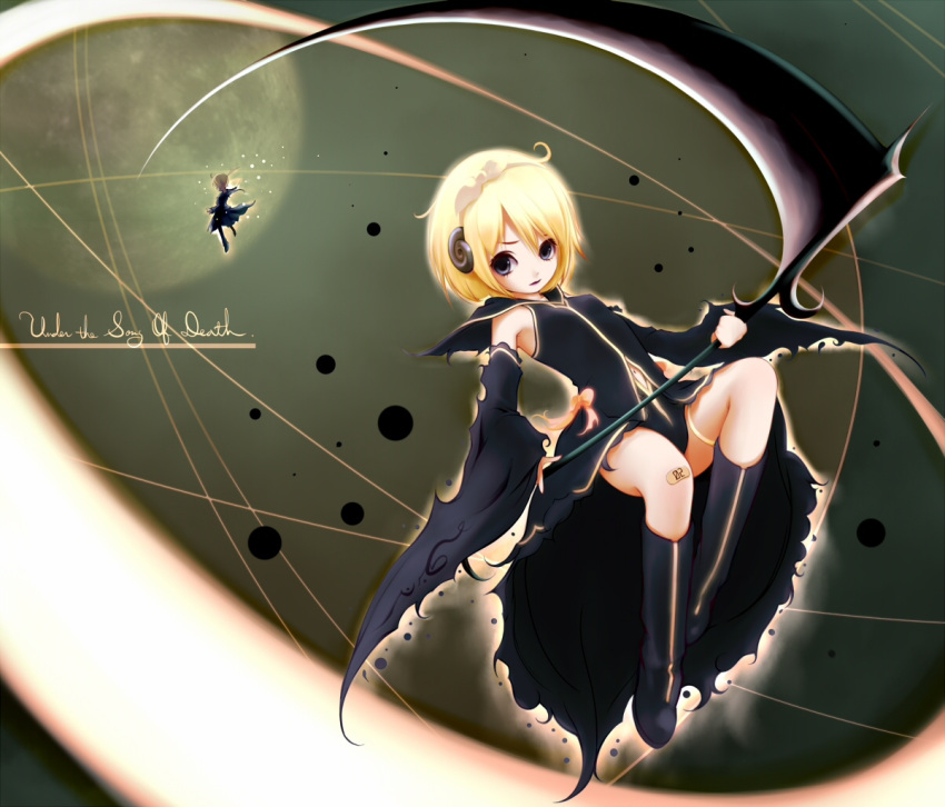 black_dress blonde_hair blue_eyes boots detached_sleeves dress kagamine_len kagamine_rin scythe short_hair vocaloid yori