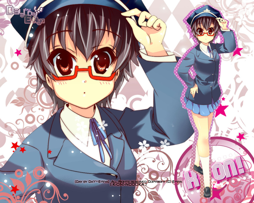 black_hair brown_eyes e-nya glasses hat k-on! manabe_nodoka police_hat red-framed_glasses school_uniform semi-rimless_glasses short_hair solo under-rim_glasses zoom_layer