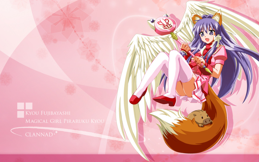 animal_ears bad_id botan clannad fang fox_ears fox_tail fujibayashi_kyou long_hair magical_girl naka_noboru purple_eyes purple_hair tail thighhighs wallpaper wand white_legwear wings