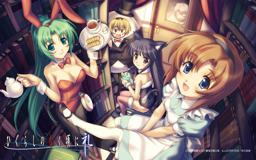 alice_(wonderland) alice_(wonderland)_(cosplay) alice_in_wonderland animal_ears blonde_hair blue_eyes blue_hair book brown_hair bunny_ears bunnysuit cat_ears cat_tail cheshire_cat cheshire_cat_(cosplay) cookie cosplay cup dress drink food furude_rika green_hair hanyuu highres higurashi_no_naku_koro_ni horns houjou_satoko humpty_dumpty humpty_dumpty_(cosplay) kittysuit pantyhose purple_hair ryuuguu_rena shelves sonozaki_mion tail tea teacup teapot tray wallpaper white_rabbit white_rabbit_(cosplay) widescreen