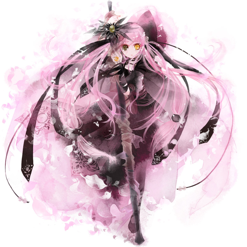 dress hair_bow heterochromia highres leaf leaves long_hair original pantyhose pink_hair ponytail ribbon sheath sword unsheathing weapon yellow_eyes yoshida_yoshitsugi yoshitsugi