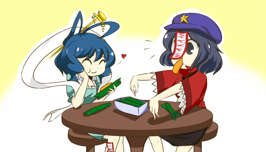 2girls :t black_eyes blue_hair box chinese_clothes closed_eyes dress eating food food_in_mouth hair_ornament hair_rings hair_stick hat heart kaku_seiga looking_at_another miyako_yoshika multiple_girls ofuda outstretched_arms shawl short_sleeves simple_background star stool table touhou white_background wool_(miwol) yellow_background zombie_pose