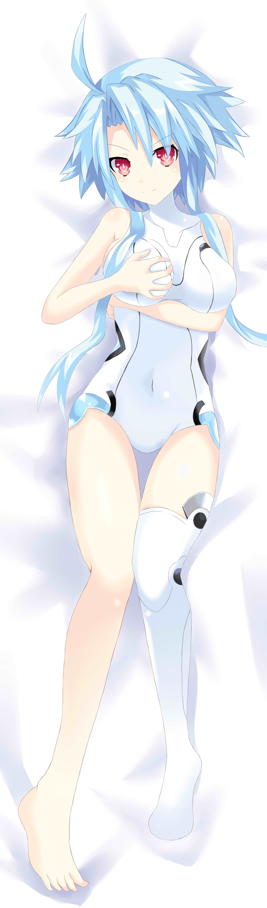 1girl absurdres ahoge barefoot bed blanc blue_hair breast_grab breasts grabbing groping highres large_breasts leotard long_hair looking_at_viewer lying neptune_(series) power_symbol ramu-on@_shinon red_eyes short_hair_with_long_locks sidelocks solo symbol-shaped_pupils white_heart
