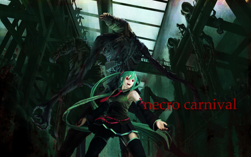 1680x1050 crazy_eyes detached_sleeves hatsune_miku highres long_hair monster necktie nyohoho red_eyes skirt smile thigh-highs thighhighs twintails very_long_hair vocaloid wallpaper zettai_ryouiki zombie