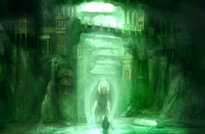 boat cityscape dragon green hatsune_miku scenery twintails vocaloid water wings