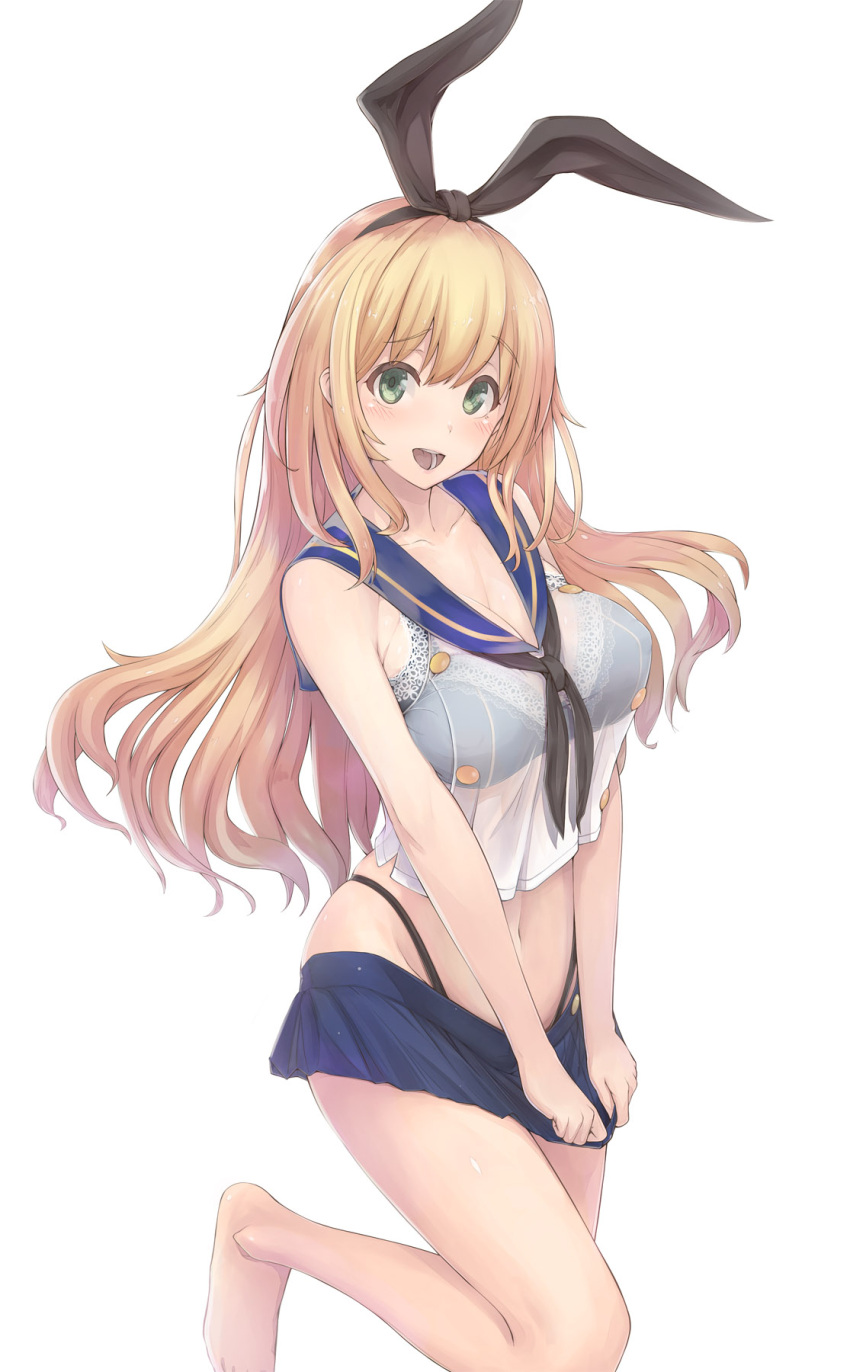 1girl :d atago_(kantai_collection) barefoot black_ribbon blonde_hair blue_skirt blush bra breasts cleavage collarbone cosplay covered_nipples green_eyes hair_ribbon highres kantai_collection lace_trim long_hair microskirt navel open_mouth pleated_skirt ribbon sailor_collar see-through shimakaze_(kantai_collection) shimakaze_(kantai_collection)_(cosplay) shirt simple_background skirt skirt_pull smile solo standing standing_on_one_leg underwear urigarasu wet wet_clothes wet_shirt white_background