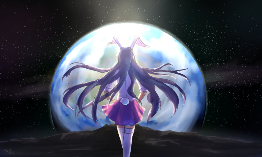 1girl animal_ears backlighting bunny_tail cowboy_shot david_hrusa earth from_behind highres long_hair purple_hair rabbit_ears reisen_udongein_inaba shirt short_sleeves sidelocks signature sky sleeves_rolled_up solo space star star_(sky) starry_sky tail thigh-highs touhou white_legwear white_shirt zettai_ryouiki