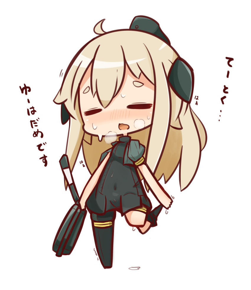 1girl blonde_hair chibi covered_navel cropped_jacket garrison_cap hair_between_eyes hair_ornament hat highres kantai_collection kneeling long_hair long_sleeves machinery melting military military_uniform nuu_(nu-nyu) open_mouth silver_hair simple_background solo sweatdrop translation_request u-511_(kantai_collection) uniform white_background