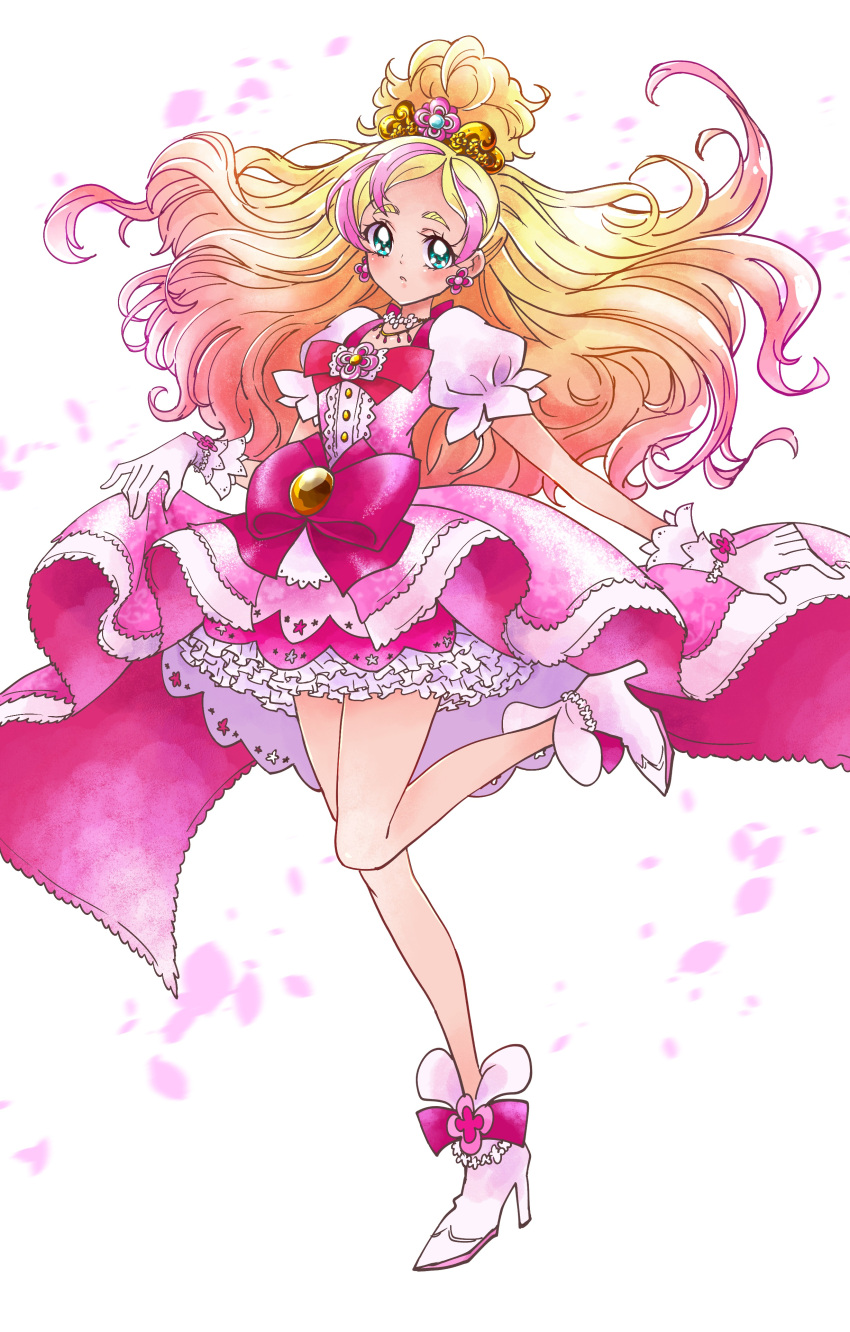 1girl blonde_hair blue_eyes blush bow bowtie cure_flora dress earrings floating_hair full_body gloves go!_princess_precure gradient_hair green_eyes hair_ornament haruno_haruka high_heels jewelry layered_dress long_hair looking_at_viewer magical_girl multicolored_hair necklace odango pink_dress pink_hair precure red_bow red_neckwear ribbon sharumon short_sleeves smile solo standing standing_on_one_leg tied_hair very_long_hair white_background white_footwear white_gloves